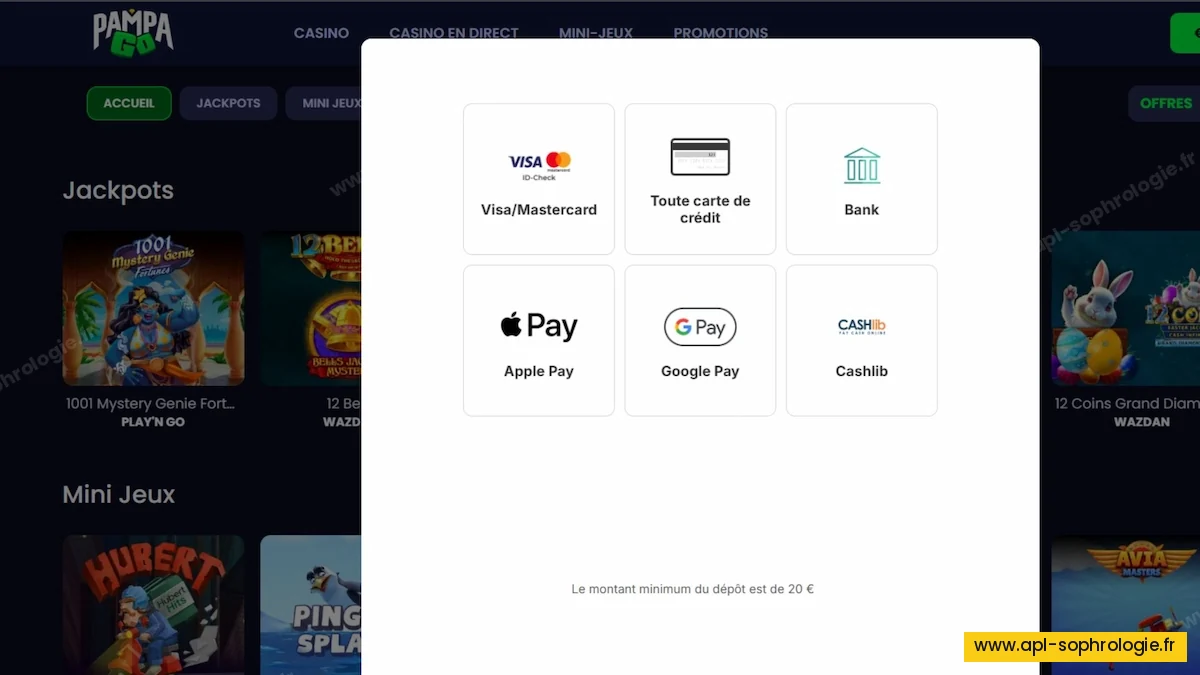 Fenêtre de paiement d'un casino et ses différents canaux